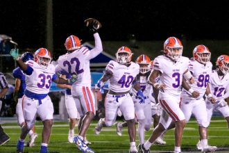 Gulfport's defense celebrates. (Photo by James Spain / 228 Sports Student Photographer)