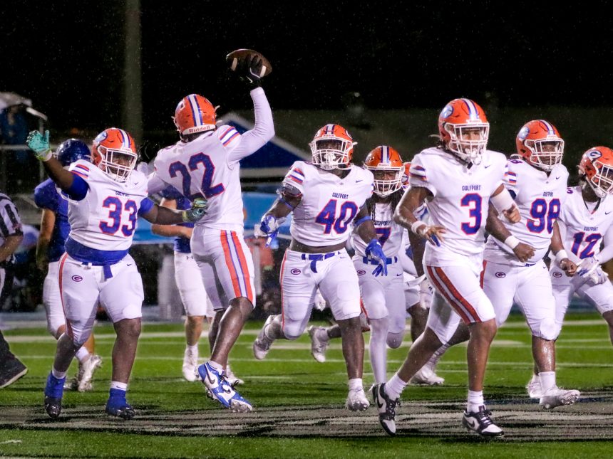 Gulfport's defense celebrates. (Photo by James Spain / 228 Sports Student Photographer)