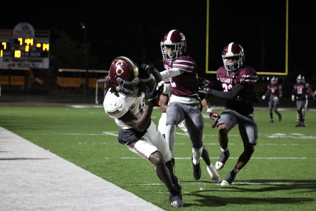 George County WR Brenn Moody hauls in a pass from QB Deuce Knight on the sideline.